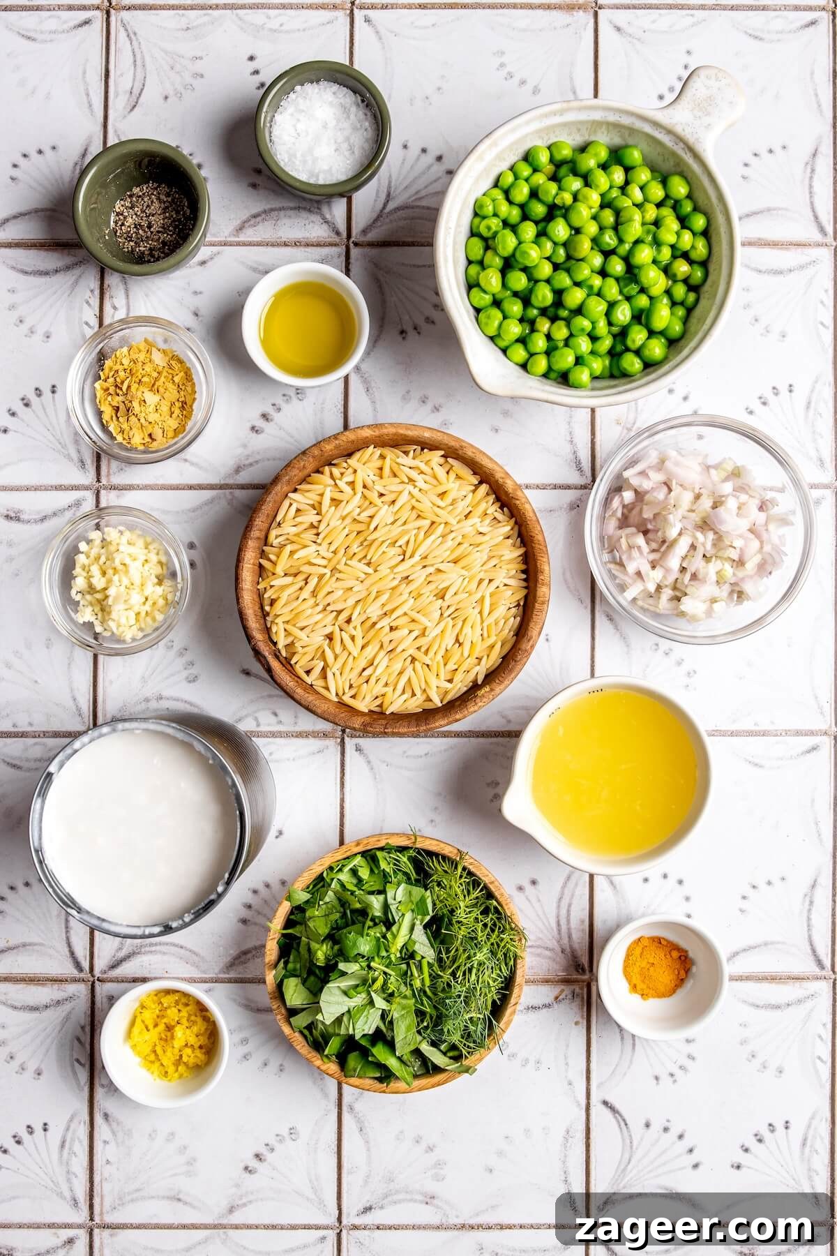 Silky Lemon Orzo (Gluten-Free & Dairy-Free) 6 Ingredients laid out for Gluten-Free Creamy Lemon Orzo - Olivia Adriance