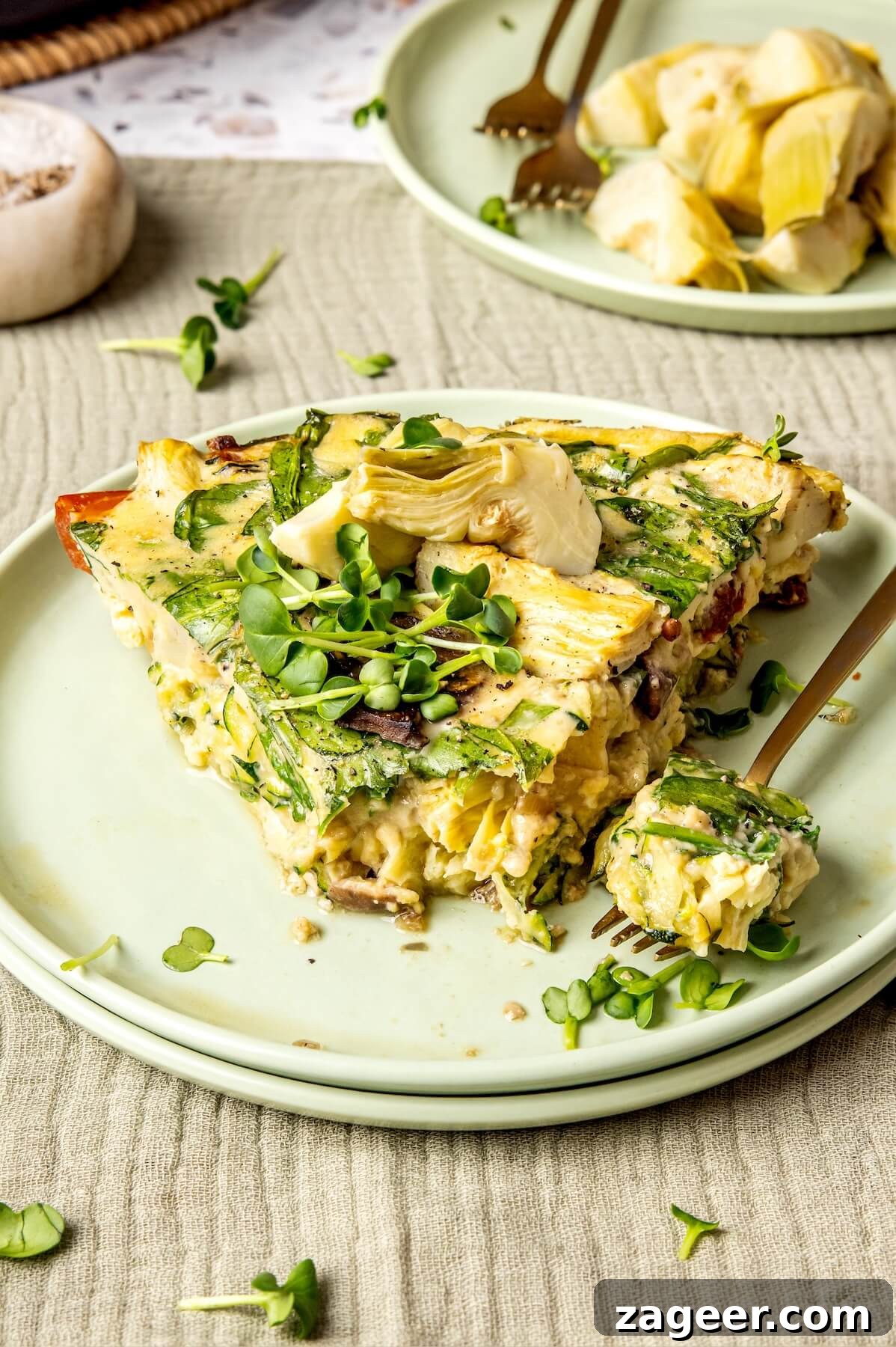 Wholesome Spinach, Mushroom, and Artichoke Frittata 4 Ingredients being mixed for a healthy dairy-free frittata