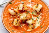 Sneaky Veggie Tomato Soup with Crispy Gruyere Bacon Croutons