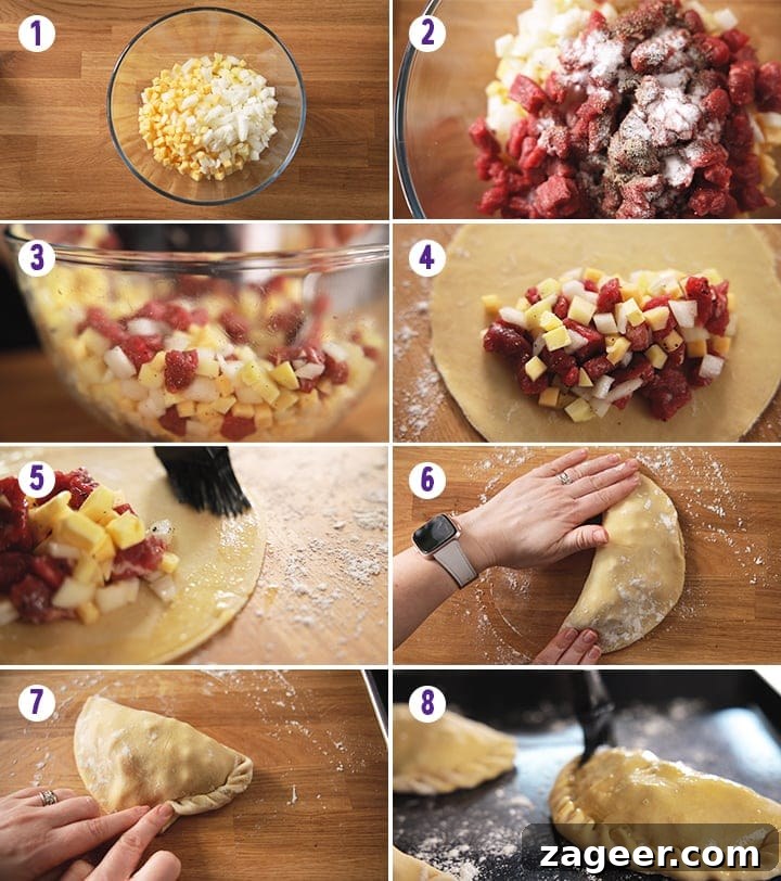 Cornwall's Signature Bake 6 An eight-image collage showcasing the assembly process of Cornish Pasties, from filling the pastry circles to crimping the edges and preparing them for baking.