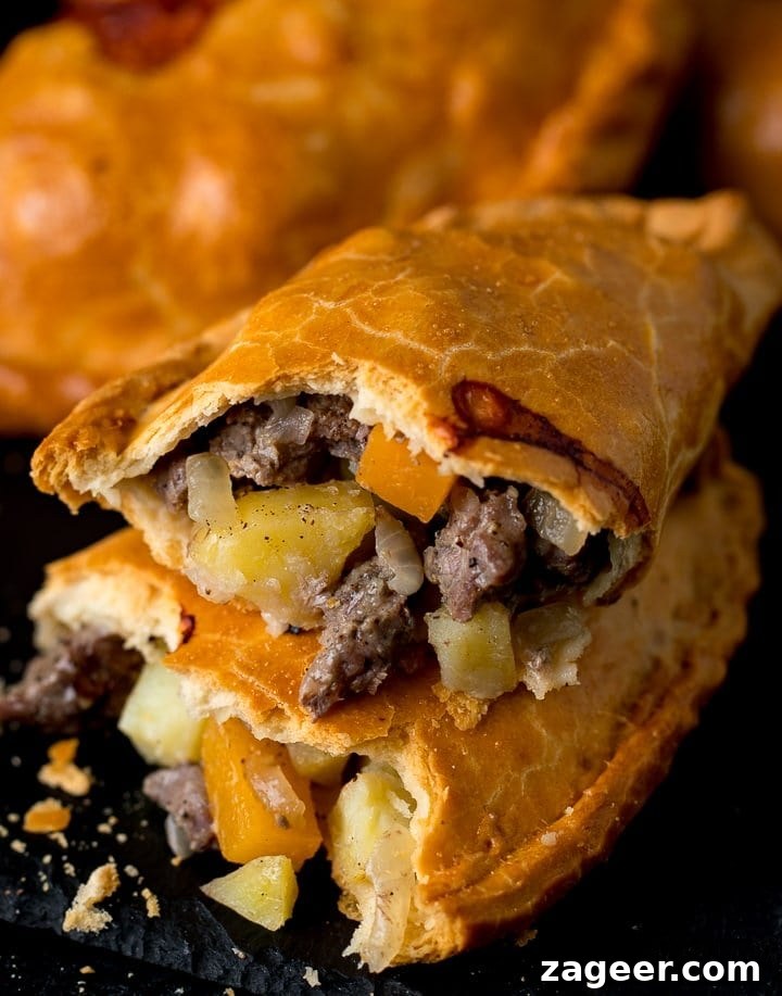 Cornwall's Signature Bake 7 A perfectly baked Cornish pasty, broken in half to reveal its steaming, rich filling of tender beef and vegetables, showcasing the succulence inside.