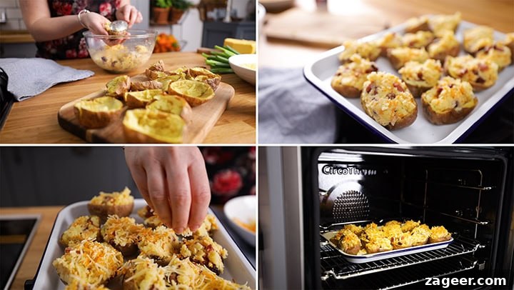 Stuffed Spud Boats 4 Four images show the process of making stuffed potato skins: scooping, mixing filling, topping with cheese, and baking in the oven.