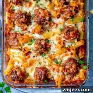 Square overhead image of meatball and pasta bake