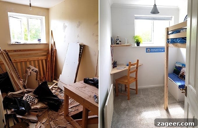 Summer's Fade Brew 7 Before and after transformation of a son's bedroom, showing updated decor and layout