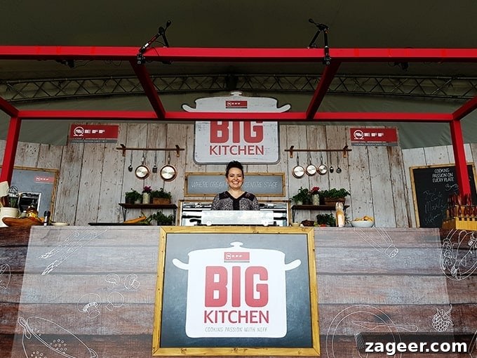 Summer's Fade Brew 10 Nicky, the Kitchen Sanctuary blogger, enthusiastically cooking on stage at The Big Kitchen during The Big Feastival