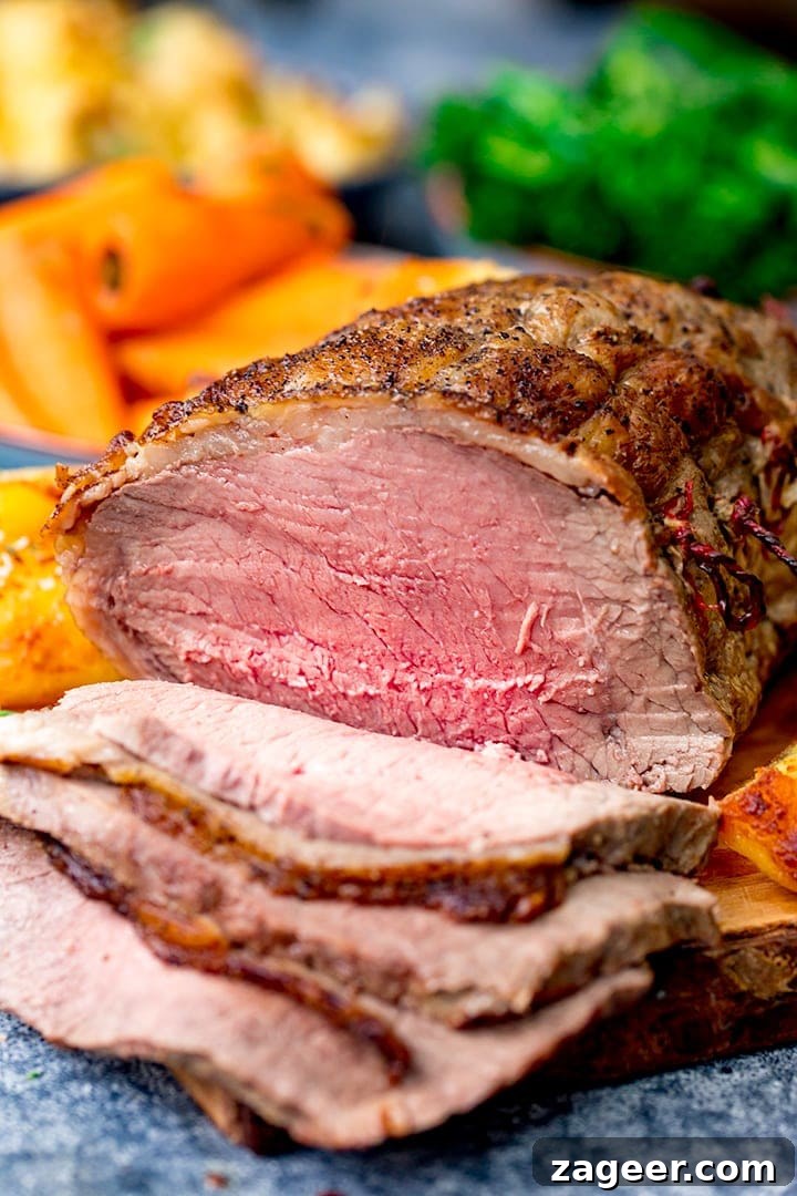 Perfect Roast Beef Every Time: Your Planning Blueprint 3 Tall image of perfectly cooked roast beef resting on a cutting board, surrounded by golden, crispy roast potatoes and fresh herbs, ready for carving.
