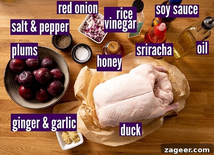 Effortless Crispy Duck, Bold Plum Heat 3 Crispy duck ingredients including whole duck, plums, sriracha, soy sauce, honey, and aromatics