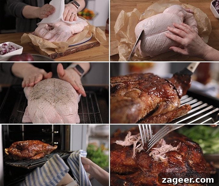 Effortless Crispy Duck, Bold Plum Heat 5 6 image collage showing step-by-step process for roasting crispy duck, from scoring skin to basting with glaze
