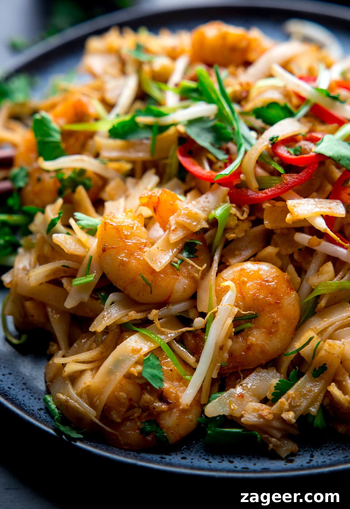 Close up image of Pad Thai with king prawns on a plate