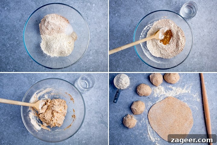 Perfect Homemade Chapati 4 Collage of four images showing the step-by-step process of making chapati dough, rolling it, and cooking it on a pan.