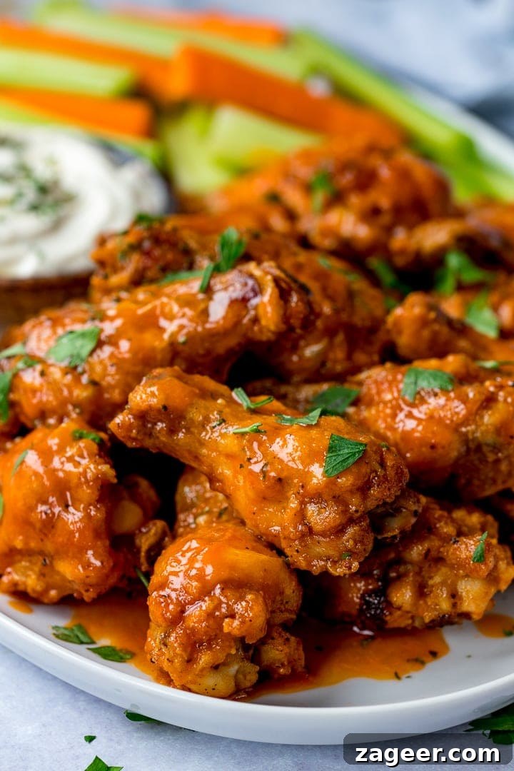 Golden Crisp Oven Buffalo Wings 2 Buffalo chicken wings in a white plate with carrot and celery