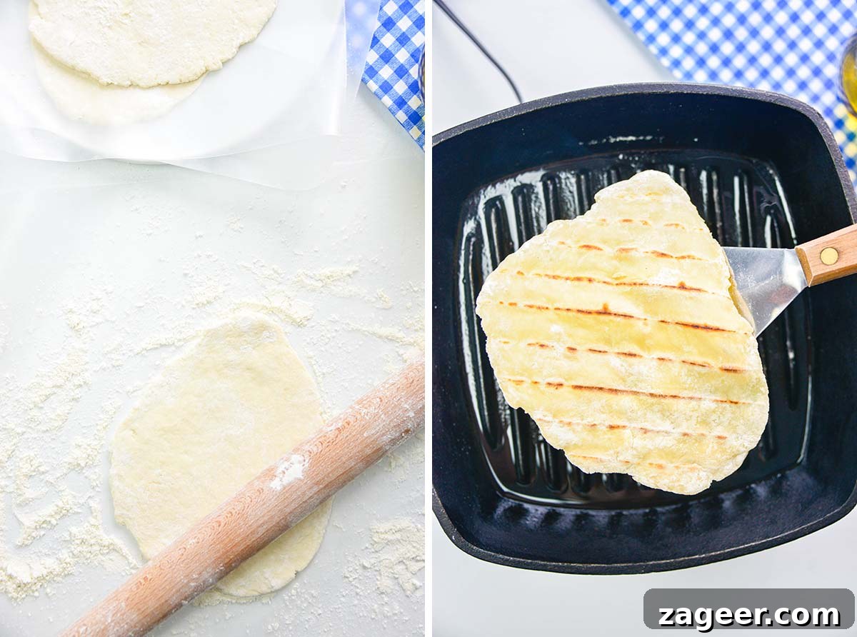 Spicy Garlic Prawns with Quick Flatbreads and Cooling Yogurt Dip 4 Two image collage showing the step-by-step process of how to roll out and cook homemade yogurt flatbreads, from dough balls to golden-brown perfection.