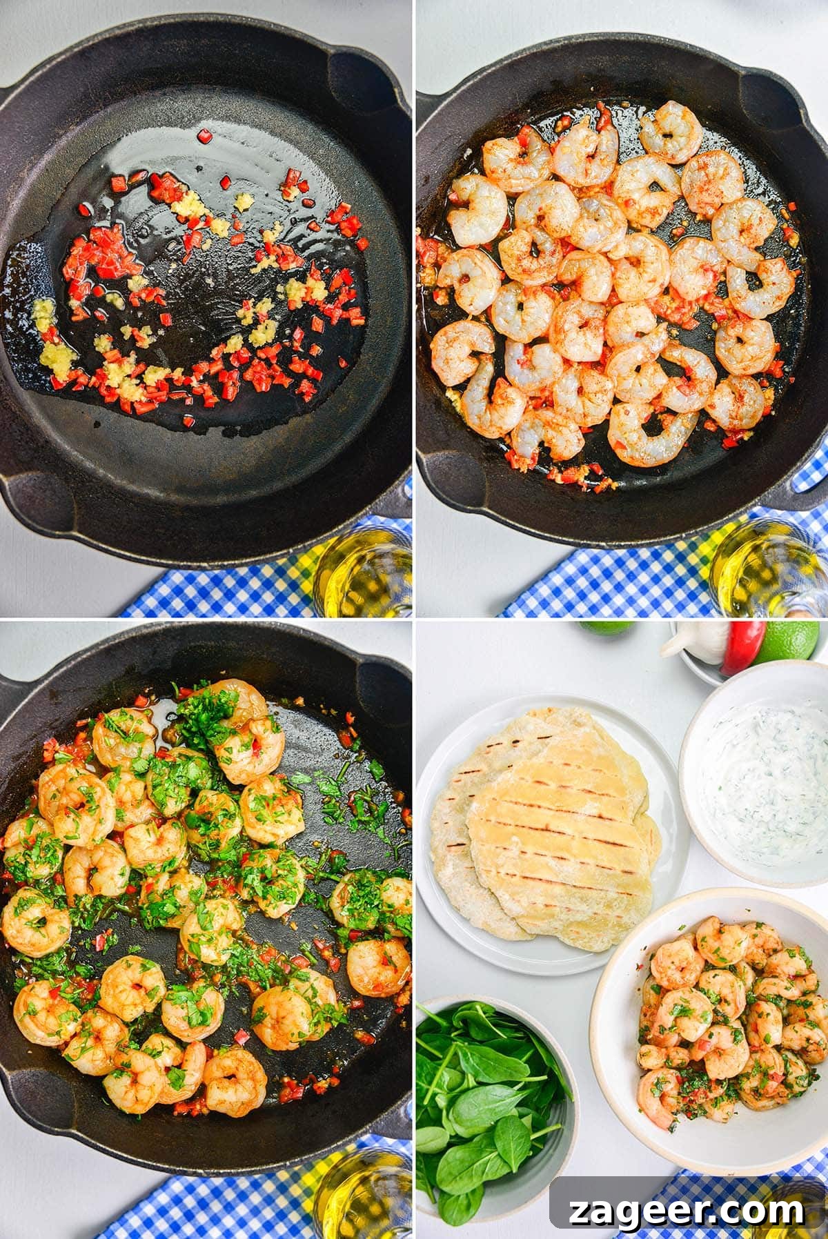 Spicy Garlic Prawns with Quick Flatbreads and Cooling Yogurt Dip 5 4 image collage showing the cooking process for garlic chilli prawns, from sautéing aromatics to adding prawns and finishing with fresh coriander, ready to serve with flatbreads, spinach and yogurt dip.