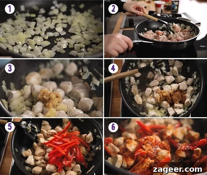 Vibrant Thai Red Chicken Curry 4 A 6-image collage showing the initial steps of preparing Thai red chicken curry: sautéing onions, adding chicken, cooking until sealed, stirring in garlic, ginger, and lemongrass, and finally mixing in red curry paste.