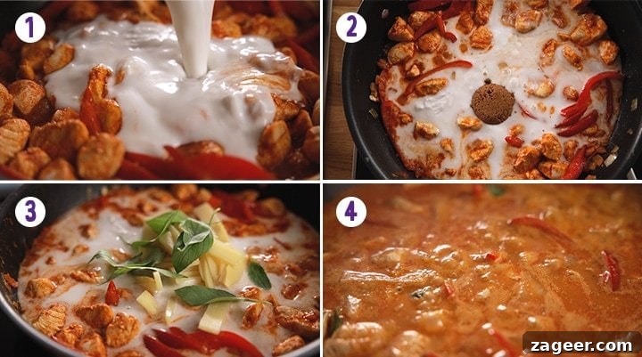 Vibrant Thai Red Chicken Curry 5 A 4-image collage illustrating the final stages of cooking Thai red chicken curry: adding coconut milk, simmering the curry, and the finished dish in a pot and a serving bowl.