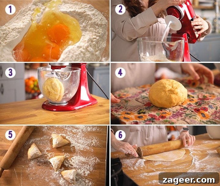6 image collage showing how to make homemade pasta, from mixing dough to rolling and shaping.