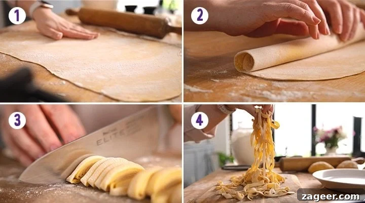 4 image collage showing how to roll out and cut homemade pasta into strips.