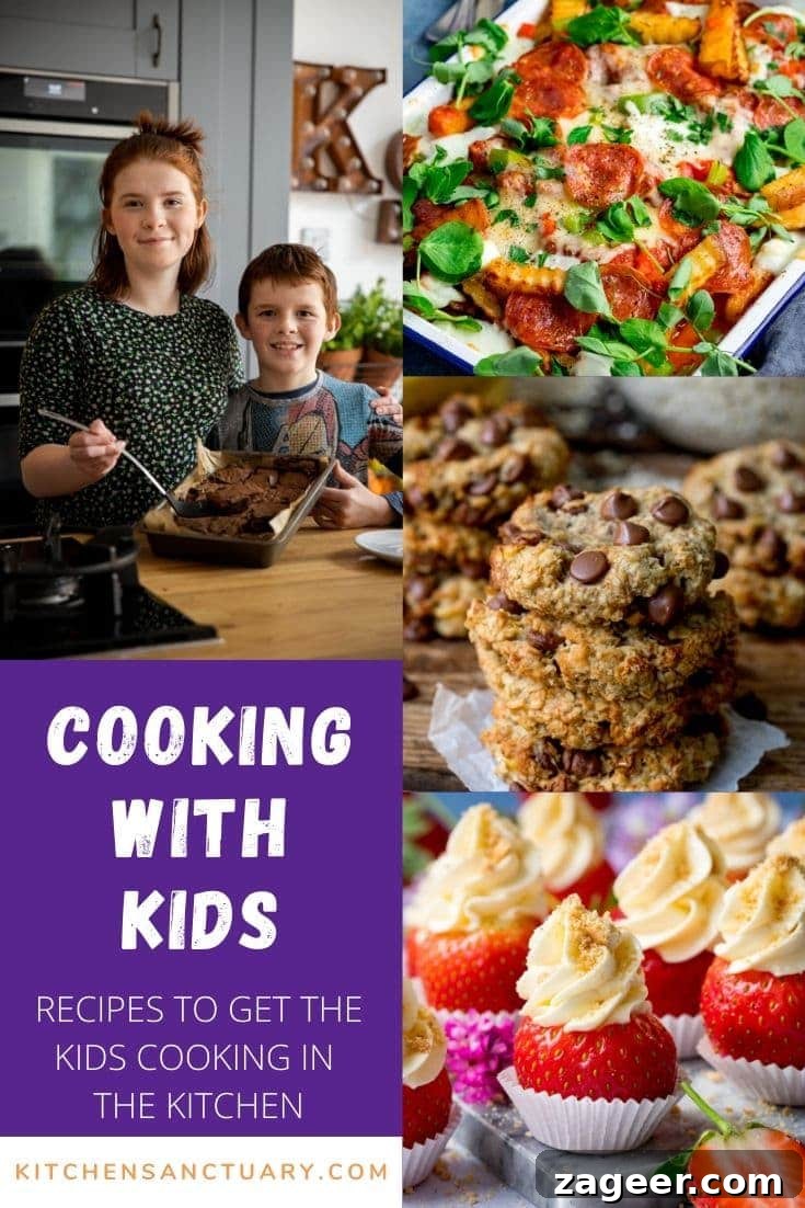 A vibrant collage showing three appealing food photos and one image of children happily baking together in a kitchen, emphasizing the joy of family cooking
