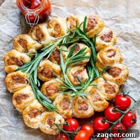 A tray of golden-brown, flaky 3-ingredient sausage rolls, perfect for any party, BBQ, buffet, or picnic, highlighting their simplicity and quick preparation.