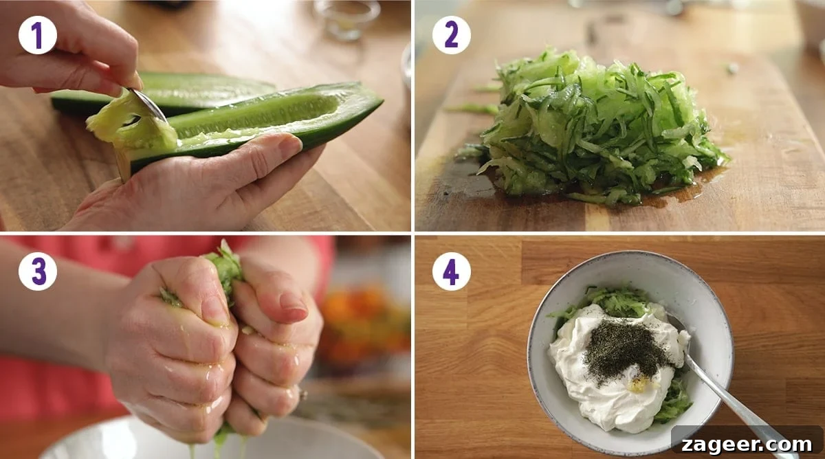 Whip Up Authentic Greek Tzatziki at Home 4 A four-image collage demonstrating the steps to make Tzatziki: slicing and deseeding cucumber, grating and squeezing moisture, combining ingredients, and the finished dip.