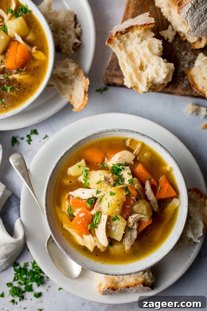 Hearty Loaded Chicken Vegetable Soup 6 An inviting overhead shot of a bowl of chicken and vegetable soup, garnished with fresh herbs, resting on a light, minimalist background.