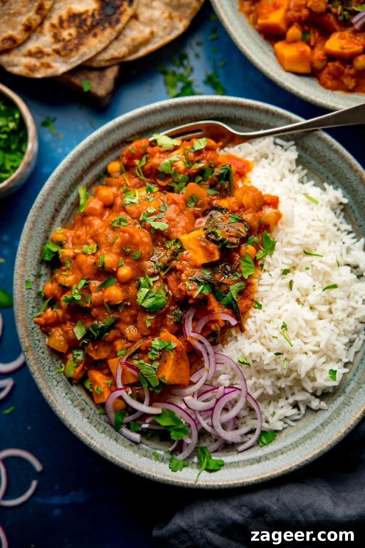 Golden Chickpea Sweet Potato Medley 2 A vibrant bowl of chickpea and sweet potato curry, garnished with fresh cilantro and served alongside fluffy white rice, ready to be enjoyed.