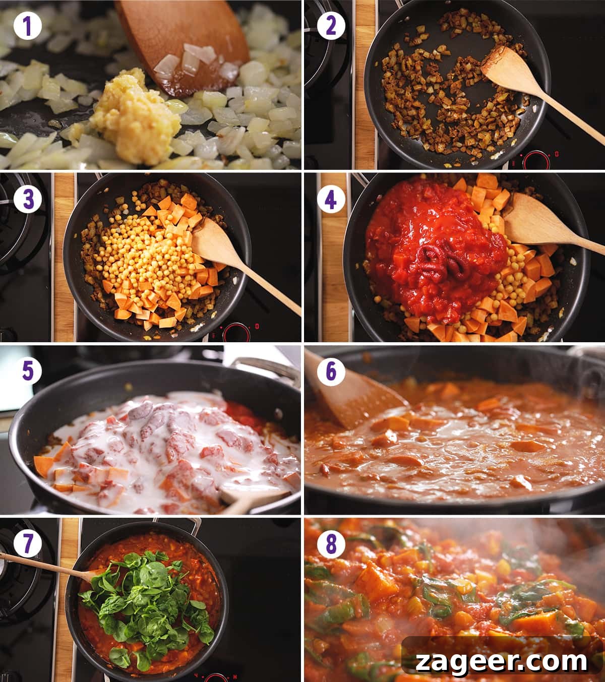 Golden Chickpea Sweet Potato Medley 4 An eight-image collage visually guiding through the step-by-step process of making chickpea and sweet potato curry, from ingredient prep to simmering completion.