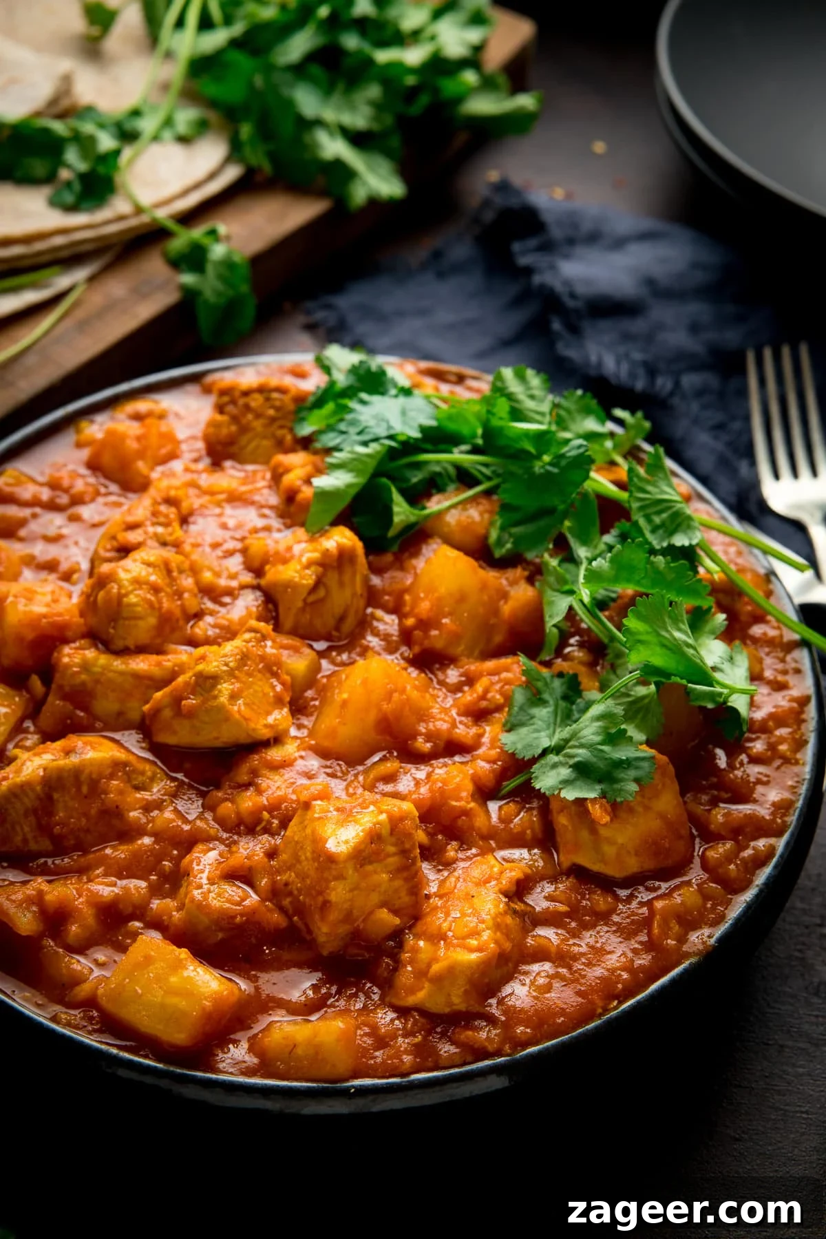 Aromatic Lentil Chicken Curry 2 Chicken Dhansak in a bowl, garnished with fresh coriander
