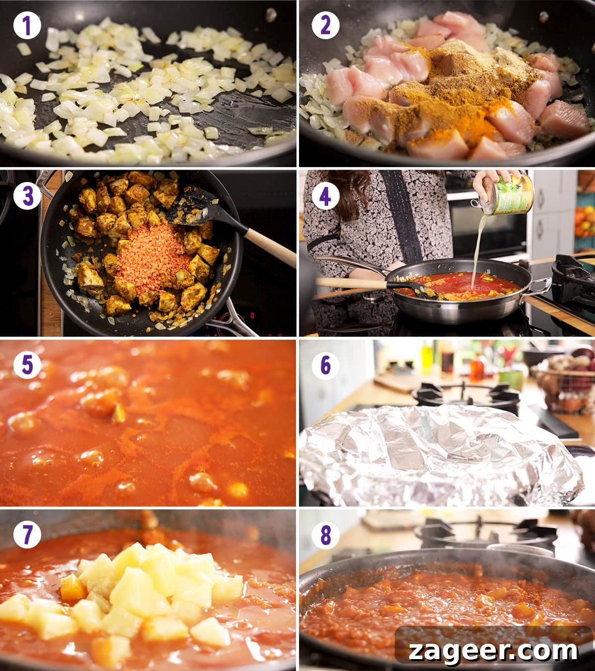 Aromatic Lentil Chicken Curry 4 An 8-image collage illustrating the step-by-step process of making chicken dhansak