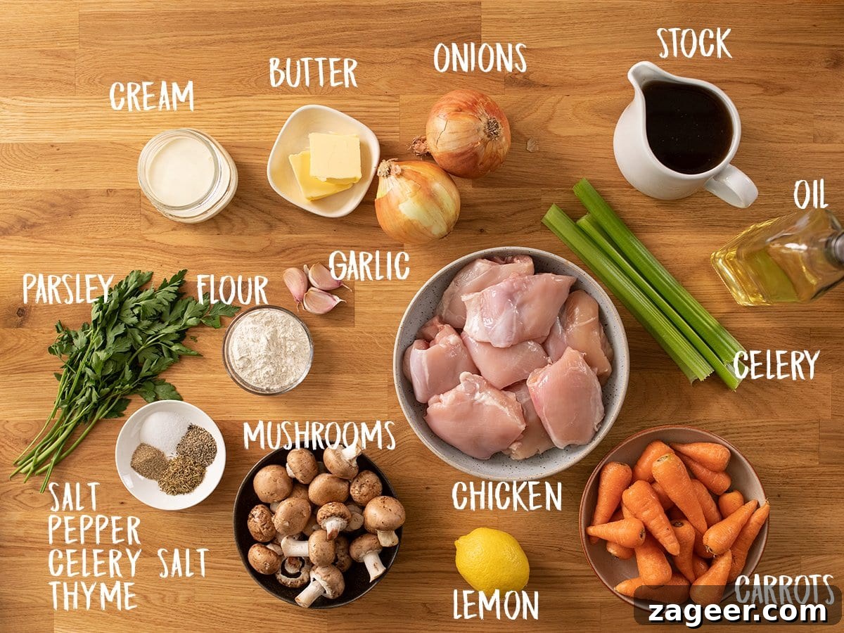 Chicken Casserole Ingredients Various fresh ingredients for chicken casserole laid out on a wooden table, including chicken thighs, carrots, mushrooms, onions, garlic, and herbs.