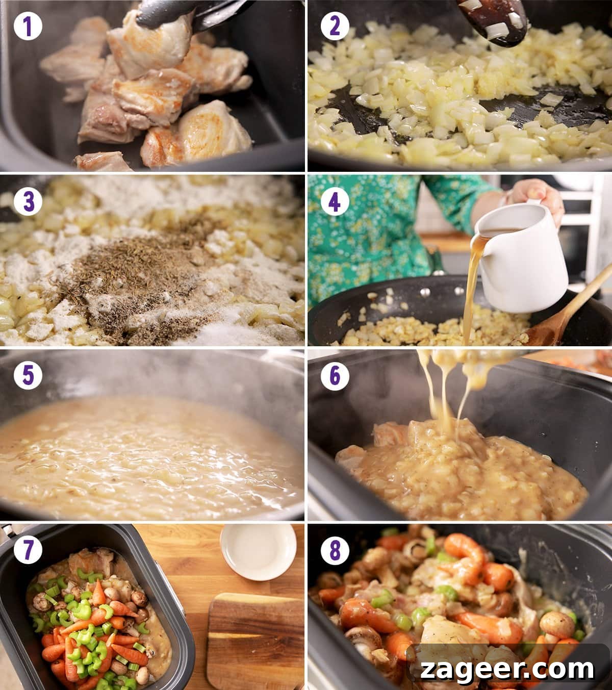 Slow Cooker Chicken Casserole Process An eight-image collage demonstrating the step-by-step process of making chicken casserole in a slow cooker, from browning chicken to adding vegetables and sauce.