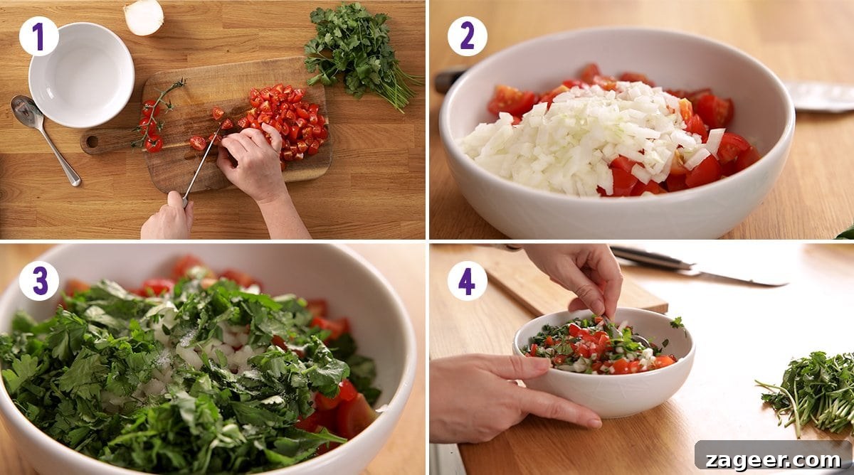 Garden Tomato and Onion Medley 4 A four-panel collage demonstrating the simple steps to make Indian Tomato and Onion Salad: chopped tomatoes, diced onion, fresh coriander, and mixing it all together.