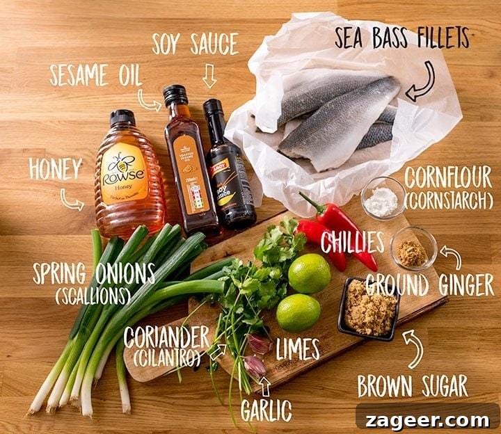 12-Minute Sweet and Sticky Asian Sea Bass 4 Ingredients for sticky Asian sea bass on a wooden table