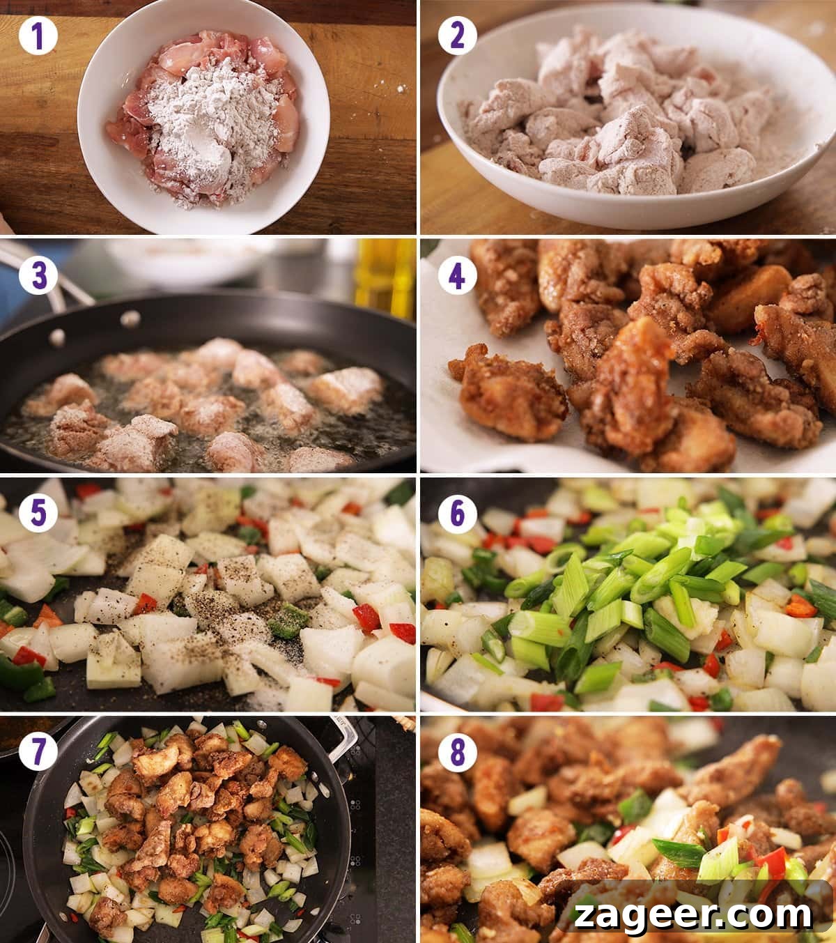 Crispy Salt and Pepper Chicken Bites 4 8 image collage showing how to makw salt and pepper chicken