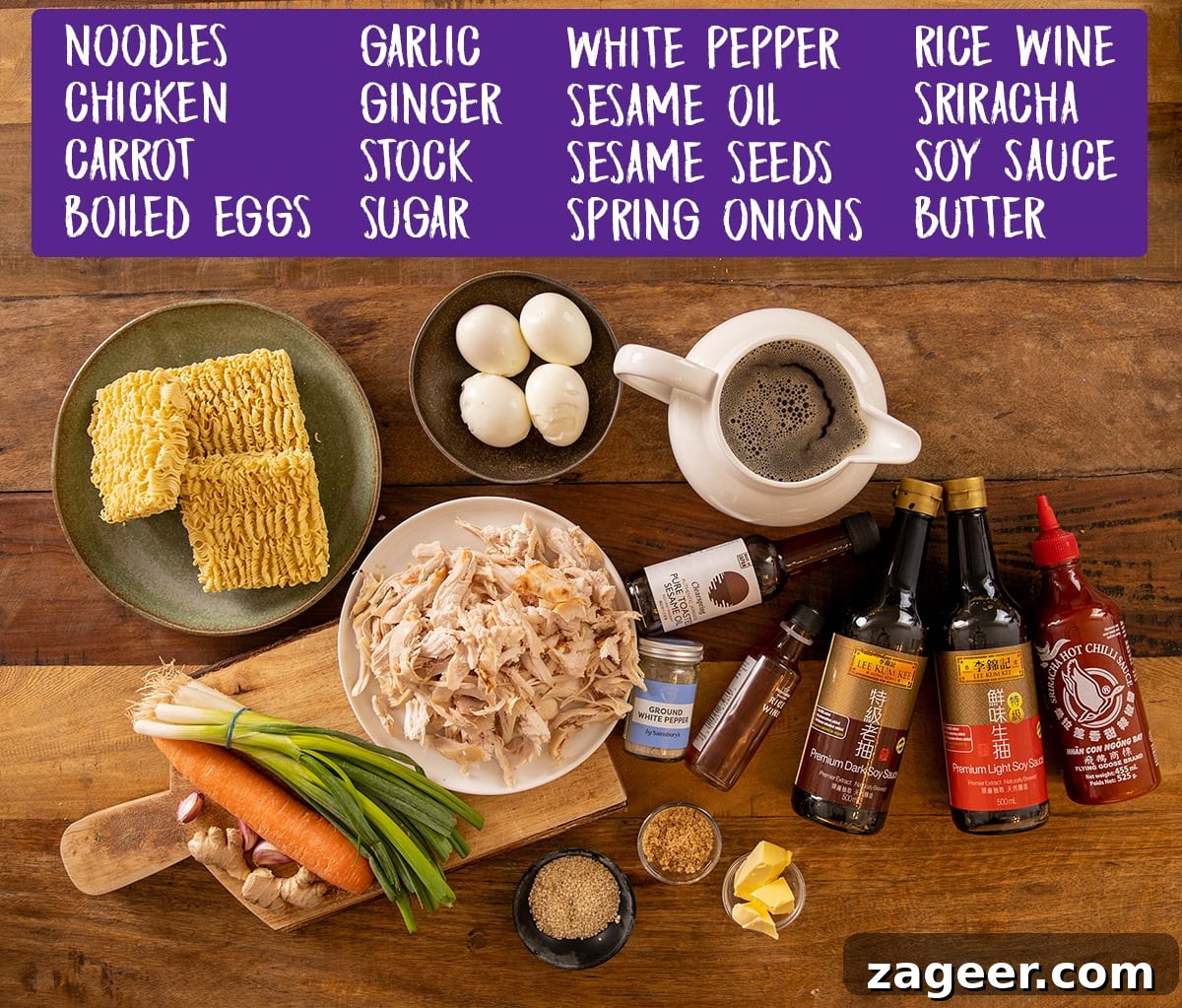 Effortless Chicken Ramen in 20 Minutes 3 All the fresh and pantry ingredients laid out on a wooden table for easy chicken ramen preparation.