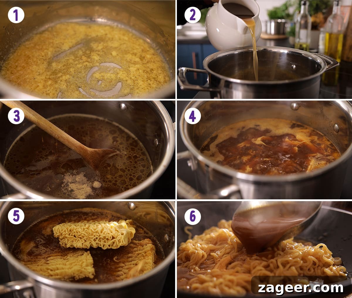 Effortless Chicken Ramen in 20 Minutes 4 A 6-image collage illustrating the step-by-step process of making easy chicken ramen, from sautéing aromatics to assembling the final bowl.