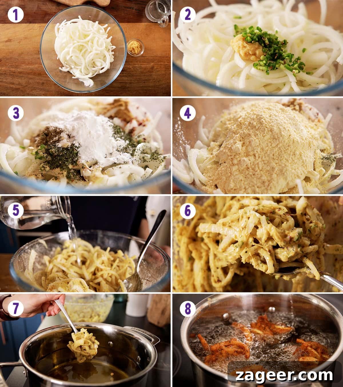 Crispy Golden Onion Bhaji 4 8-image collage demonstrating the step-by-step process of making crispy Onion Bhajis, from slicing onions to frying.