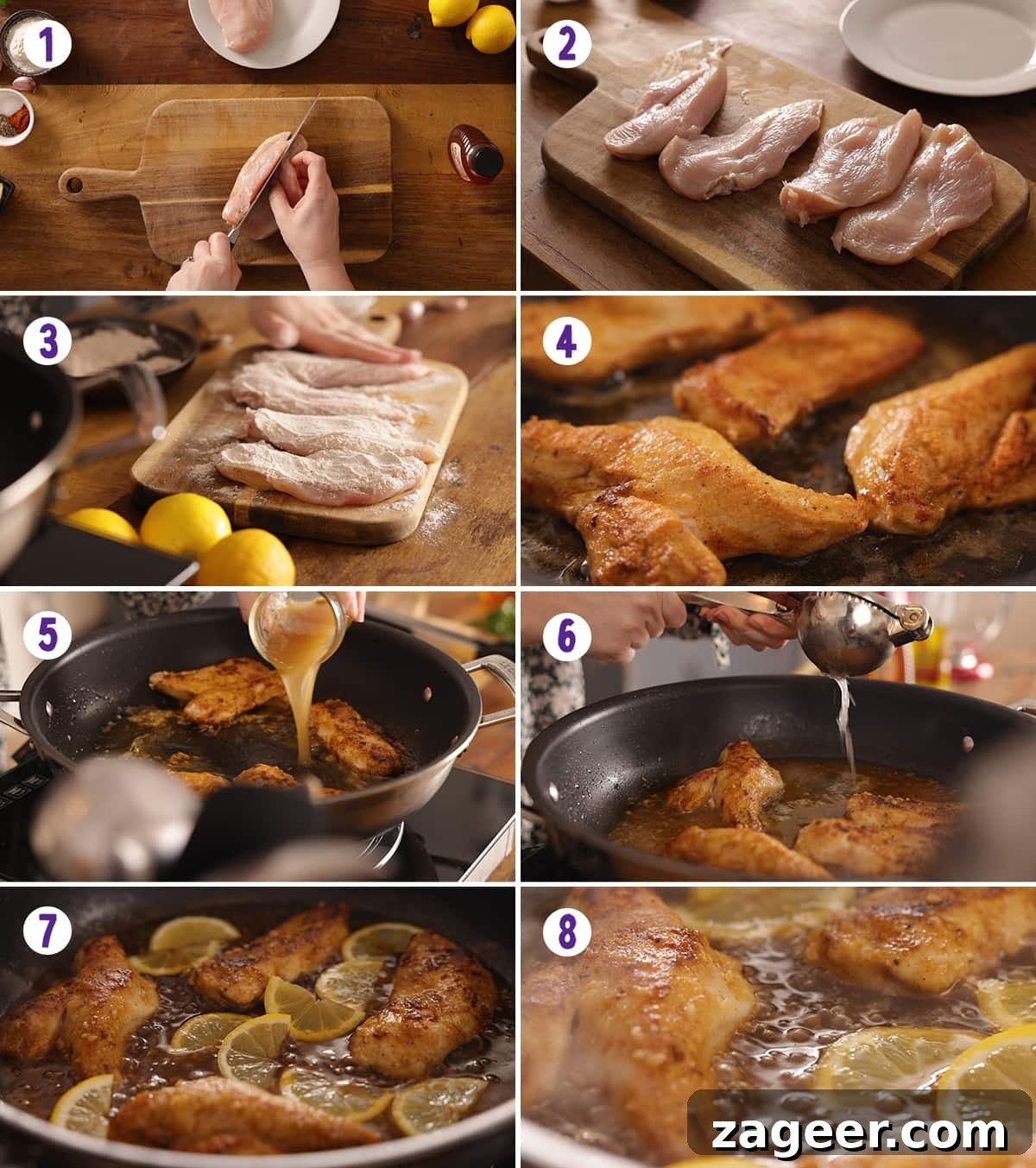 Zesty Honey Glazed Chicken 4 A 6-image collage visually demonstrating the step-by-step process of making honey lemon chicken, from coating the chicken to simmering in the sauce.