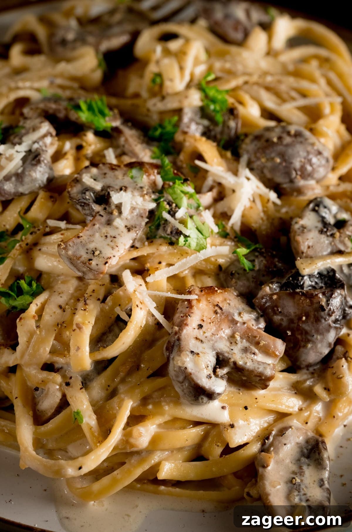 Velvety Mushroom Pasta 2 A close-up photo of creamy mushroom pasta, beautifully garnished with freshly chopped parsley, highlighting the rich, thick sauce and tender mushrooms.