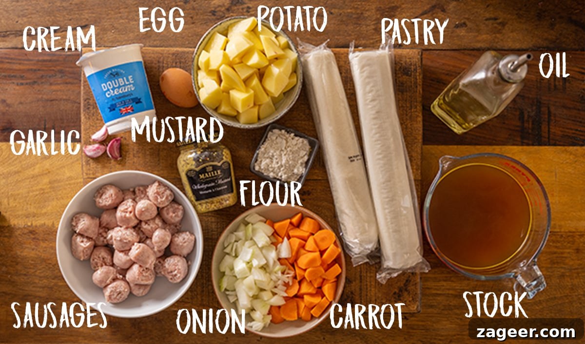 Artisan Sausage and Mustard Bake 3 Ingredients for sausage and mustard pie on a wooden table
