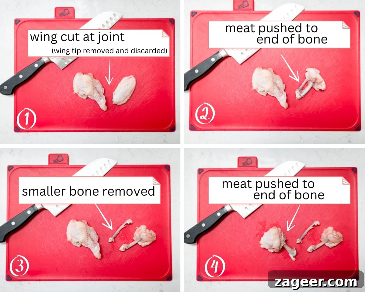 Golden Crispy Chicken Lollipops 3 4 image collage showing how to make 2 chicken lollipops from a chicken wing. The prep is taking place on a red chopping board. There is an instruction box for each step.