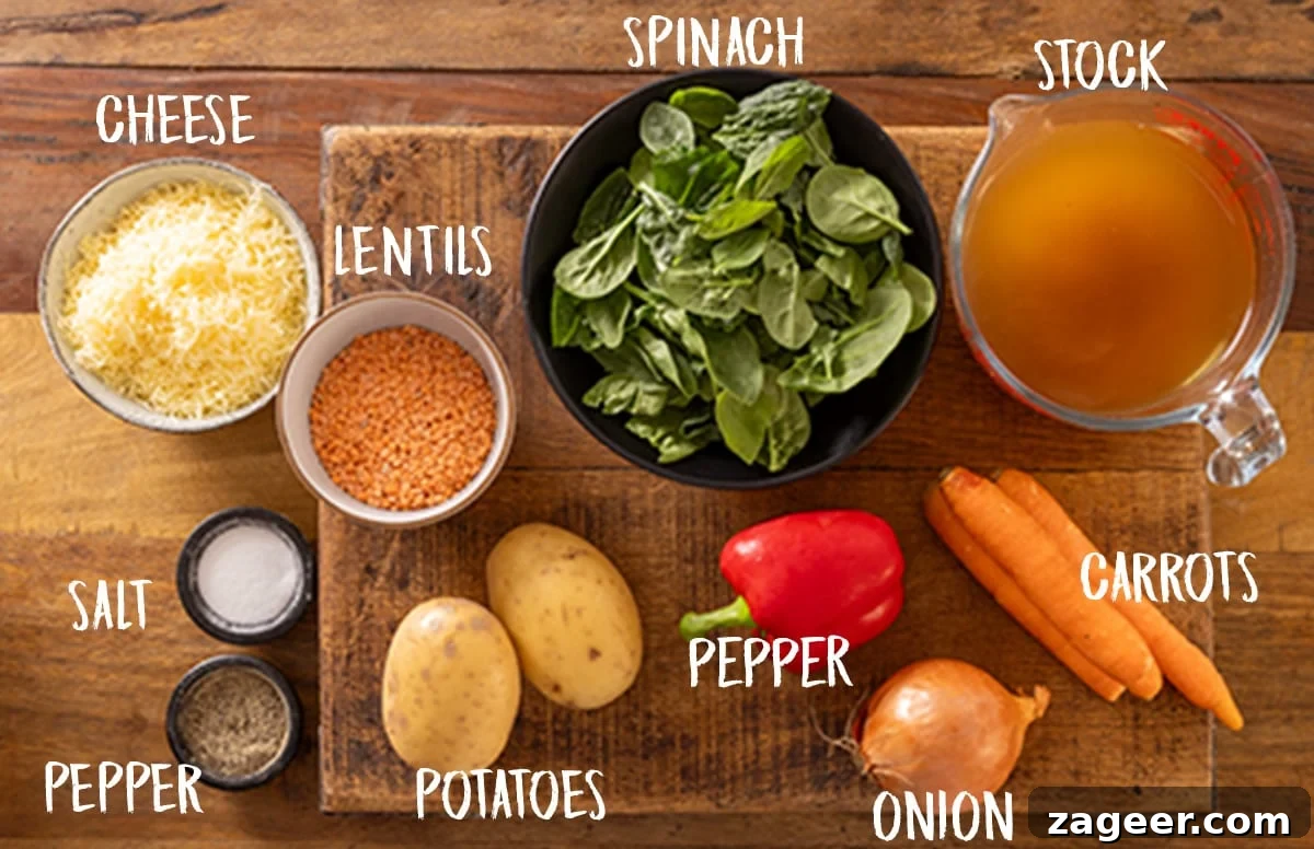 Hearty Slow Cooker Lentil Bowl 3 A vibrant selection of fresh ingredients for slow cooker lentil soup, neatly arranged on a rustic wooden board. The ingredients include a red bell pepper, carrots, potatoes, an onion, a pile of red lentils, and various spices, all ready for preparation.