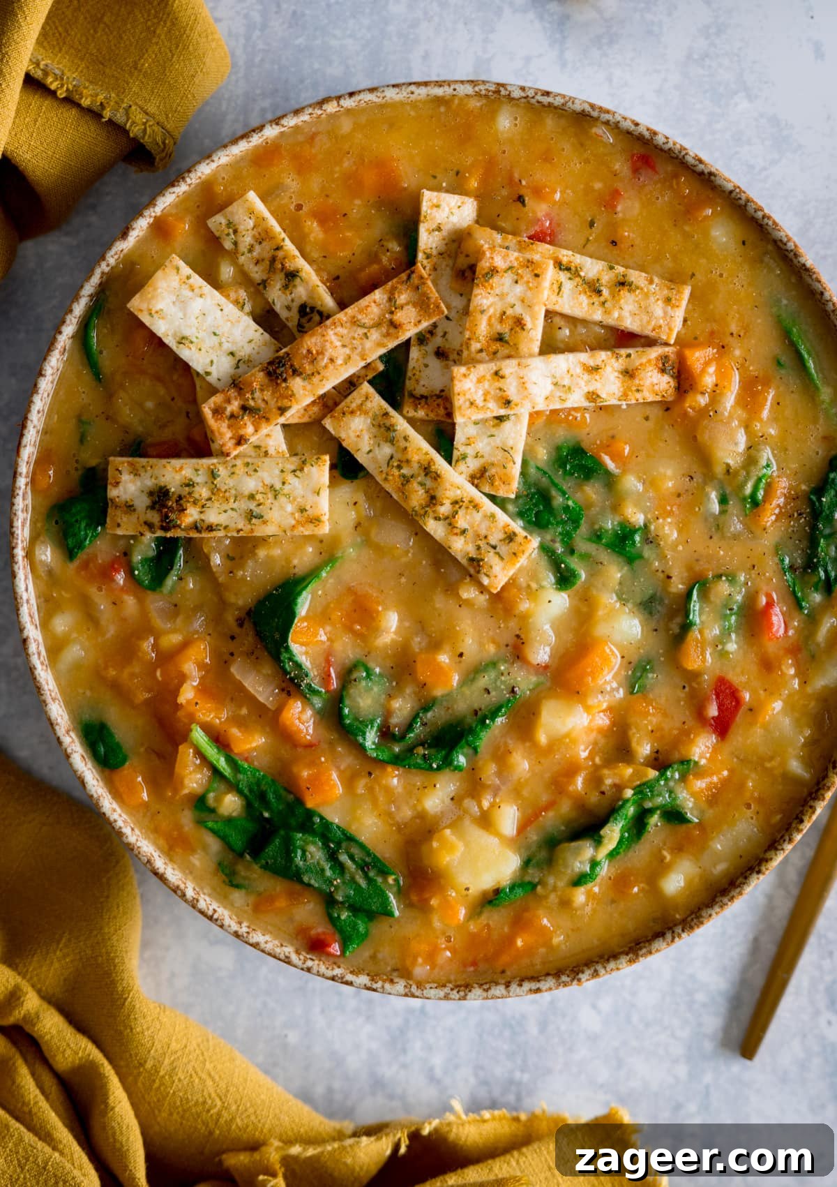 Hearty Slow Cooker Lentil Bowl 6 A tall, close-up image of a single bowl of rich red lentil soup, beautifully adorned with golden crispy tortilla strips. The bowl, with its unique brown speckled design, is placed on a clean, light background, accompanied by a folded yellow napkin to the left, highlighting the vibrant colors and appealing texture of the dish.