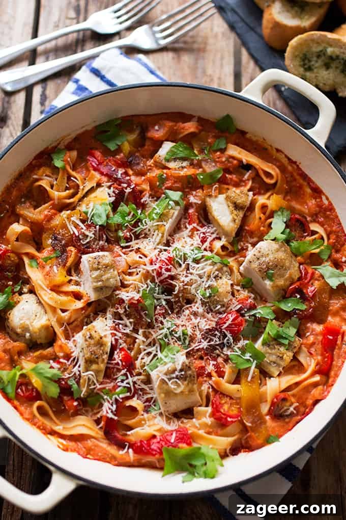 Chargrilled Vegetable and Roast Chicken Tagliatelle 2 Elevate your pasta nights with this Tagliatelle with Scorched Vegetables and Roast Chicken recipe. Enjoy the deep, smoky flavors of grilled tomatoes and peppers, a creamy tomato sauce, and tender chicken, all under 470 calories per serving.