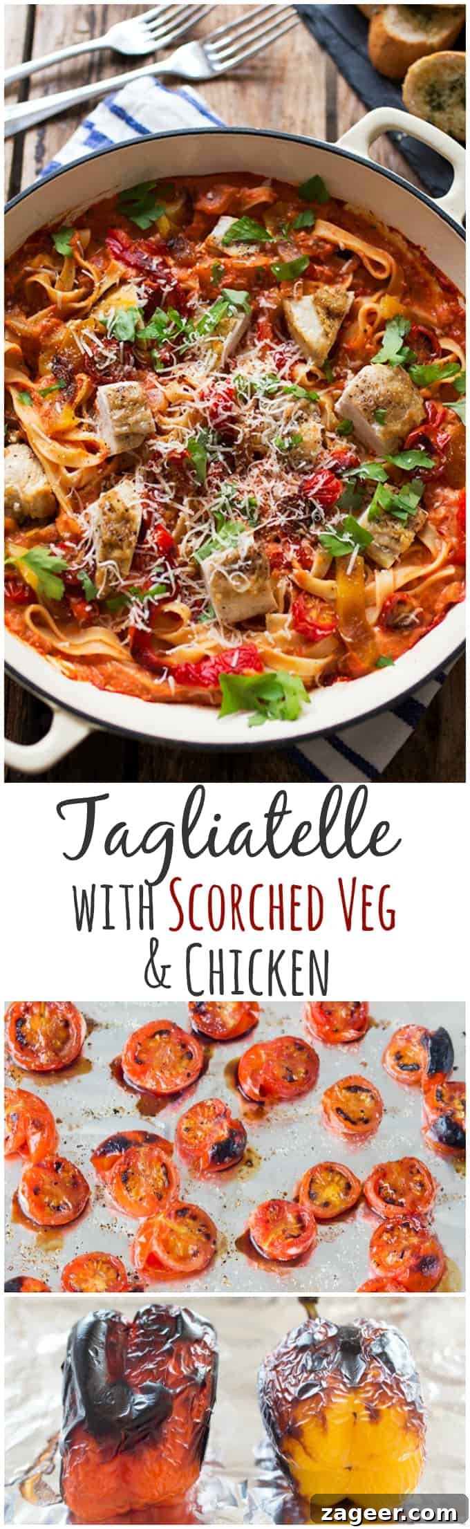 Chargrilled Vegetable and Roast Chicken Tagliatelle 7 Delicious and healthy tagliatelle with scorched vegetables and roast chicken, a perfect low-calorie and Slimming World friendly meal. This creamy tomato pasta is packed with flavor.