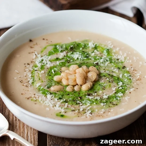 White Bean Soup with Zesty Pesto and Rich Parmesan 5 Delicious and healthy white bean soup in a bowl with a spoon, garnished with fresh black pepper