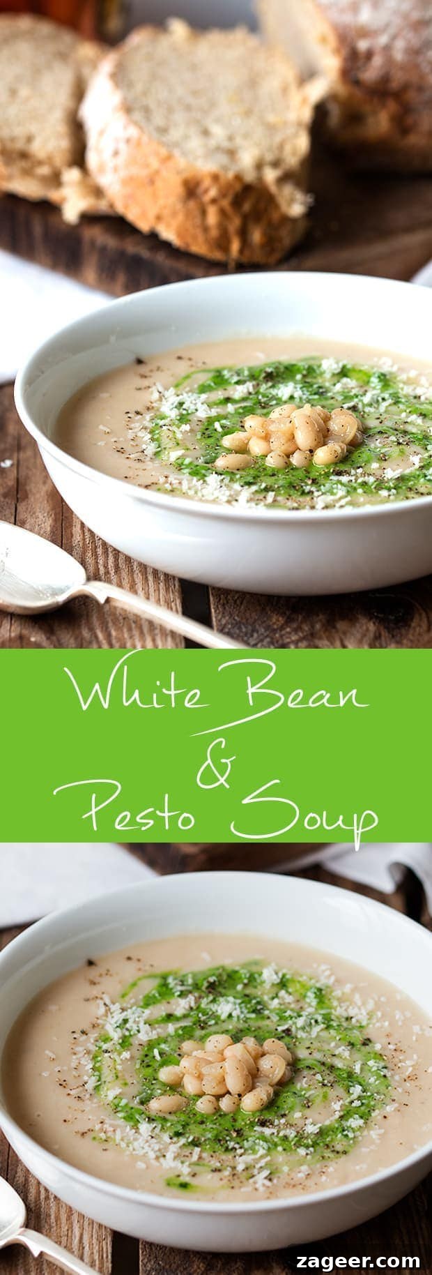 White Bean Soup with Zesty Pesto and Rich Parmesan 7 A bowl of comforting white bean soup, creamy and delicious, garnished with fresh herbs and a drizzle of pesto.