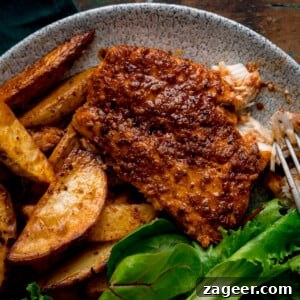 An overhead and close-up image of cajun cod, smoky potato wedges and some green salad leaves placed on a grey plate. This is on a brown background with a dark green napkin on the top left-hand side.