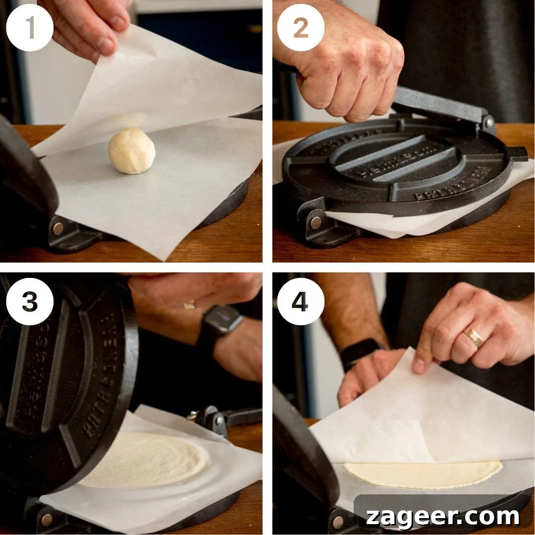 Perfect Homemade Corn Tortillas 6 A detailed four-panel collage illustrating the meticulous steps of tortilla pressing: 1. A dough ball being carefully placed between two sheets of white greaseproof paper on a black tortilla press. 2. A hand closing the tortilla press with controlled force. 3. The press opening to reveal a perfectly flattened, round disc of dough nestled between the paper. 4. The top layer of greaseproof paper being peeled away from the newly pressed corn tortilla, showcasing its readiness.