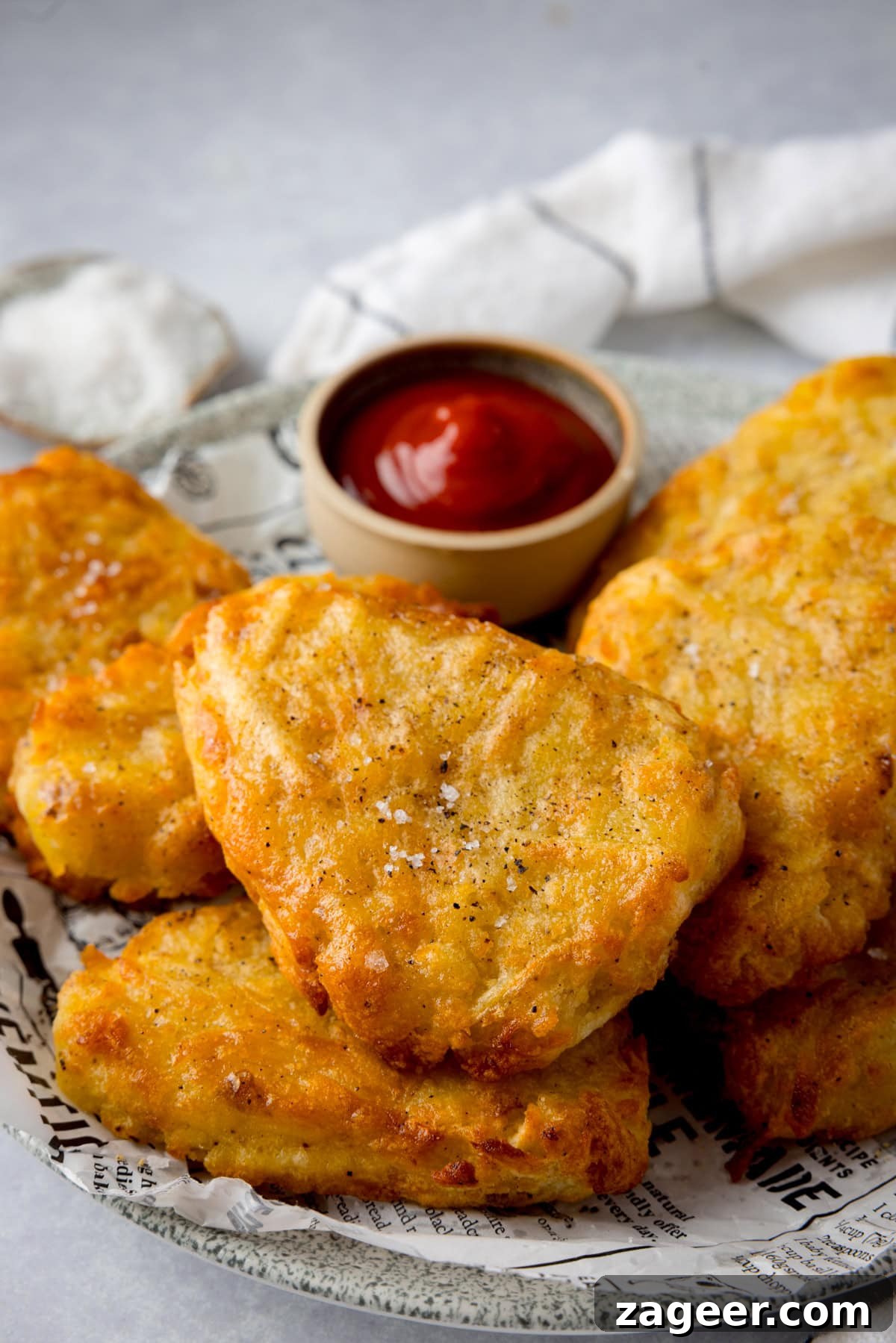 Homemade Air Fryer Hash Browns - Crispy and Delicious! A tall stack of seven golden Air Fryer Hash Browns resting on a plate lined with black and white newspaper parchment. A small pot of vibrant red ketchup sits beside the stack, above it. A white napkin with delicate blue stripes is tucked behind the plate, all set against a clean white background.
